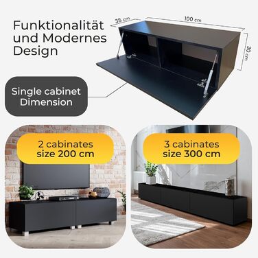 4housedesign® TV Board Lowboard Hanging | TV Cabinet Sideboard Living Room | Lowboard Living Room TV Shelf TV Board Hanging TV Cabinet TV 55 Inch - TV Lowboard Black Matt (200 (2x100), Black Matt)