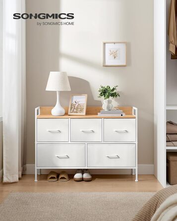 SONGMICS Chest of Drawers, Cabinet, 7 Fabric Drawers with Handles, Metal Frame, Industrial Design, Vintage Brown-Ink Black LTS137B01 (Cloud White + Oak Beige, 29W x 98.2D x 70H cm)