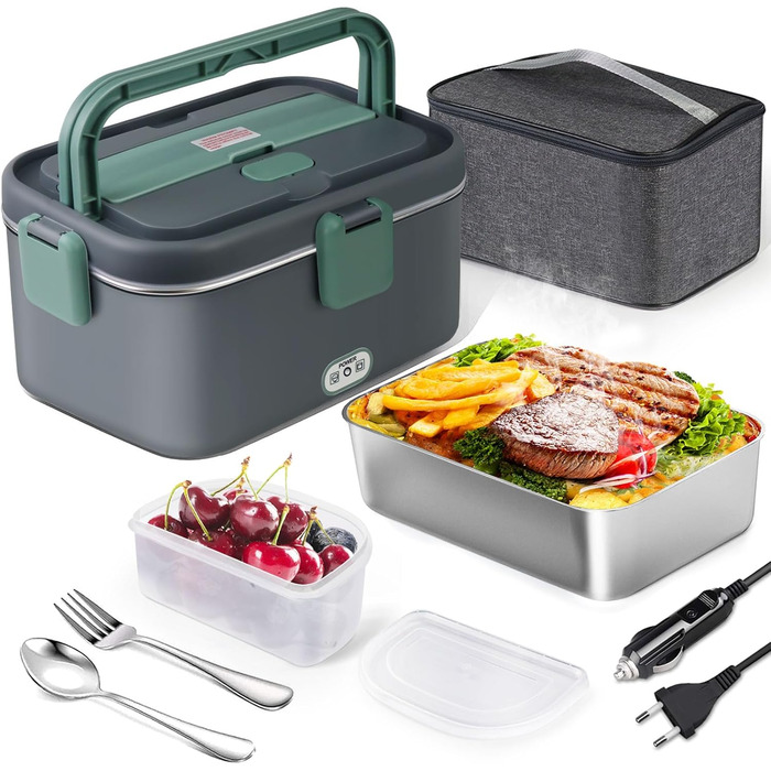AUTOPkio Electric Lunch Box 1.8L 80W, 12V/24V/220V Large Heated Food Warmer with Bag, Stainless Steel Fork & Spoon for Car, Truck, Office