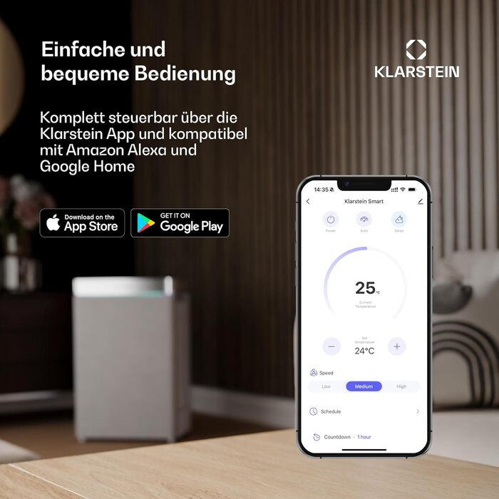 Стельовий вентилятор Klarstein Santa Elena Smart: з Wi-Fi, пультом, 6 швидкостей, дерев'яні лопаті, режими зима/літо, 132 см, клен