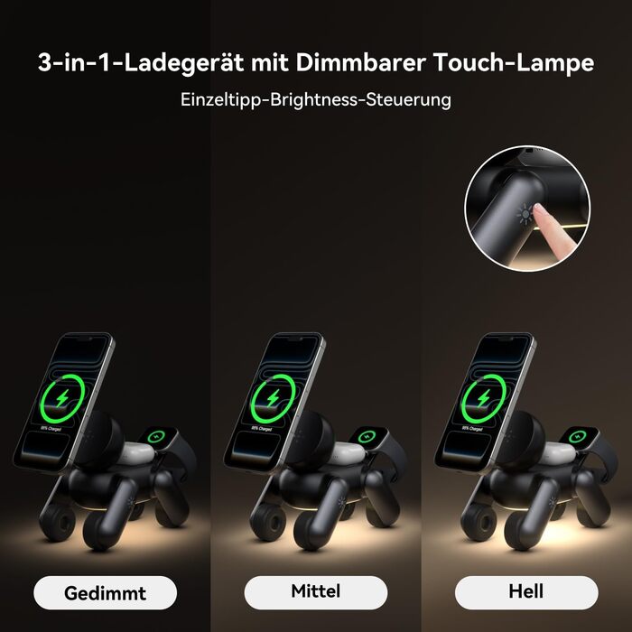 Зарядна станція 3-в-1 для Apple Watch, iPhone 17e/Air/17/16/15/14/13/12, AirPods Pro/2/3 з нічником, чорна. MagSafe сумісність.