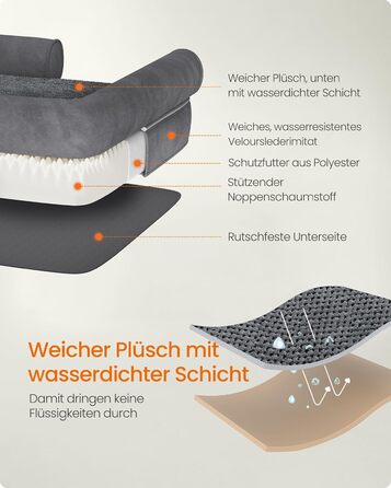Feandrea Orthopedic Dog Bed, Dog Cushion, Dog Basket, Soft Padding, Dog Sofa, Raised Edges, Removable and Washable Cover, 91 x 71 x 20 cm, Non-Slip Bottom, Dark Grey PGW076G01
