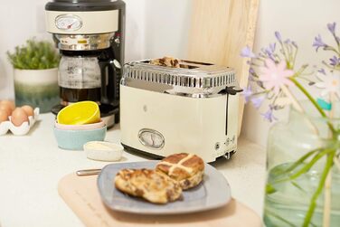 Russell Hobbs Toaster [for 2 slices] Retro Stainless Steel Cream (Retro-style countdown display, includes bun warmer, 6 browning levels + defrost & reheat function, 1300W) Vintage 21682-56