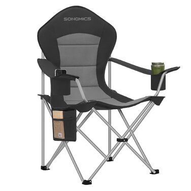 Кемпінговий стілець SONGMICS складаний, широкий, з високою спинкою, чорно-сірий GCB005BH01 - для пікніка, відпочинку на природі, з підсклянником та органайзером