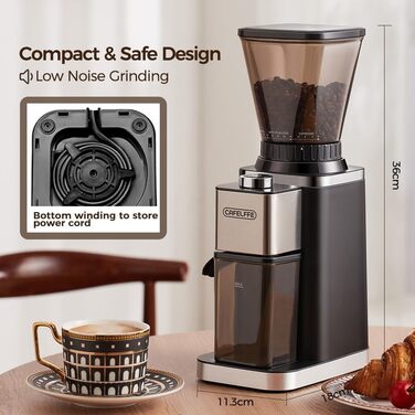 Кавомолка кавова електрична Cafelffe MK-301 з конічним жорнами, 48 ступенів помолу, нержавіюча сталь