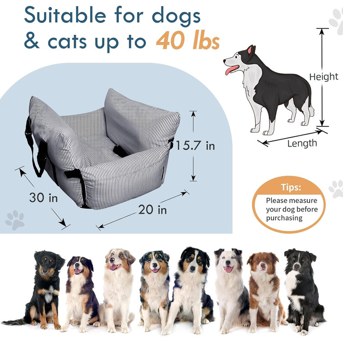 Автокрісло для собак маленьких та середніх порід (до 18 кг), з ременем безпеки та кишенями, антиковзаюча підставка, миється, морські смуги, 76x52 см