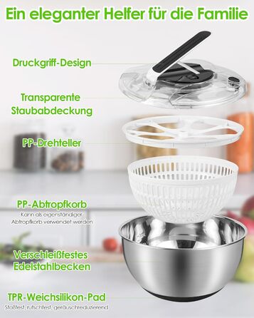 Салатниця-центрифуга з нержавіючої сталі, 4,5 л, з кришкою, неслизьким дном, для миття та відціджування салатів, макаронів