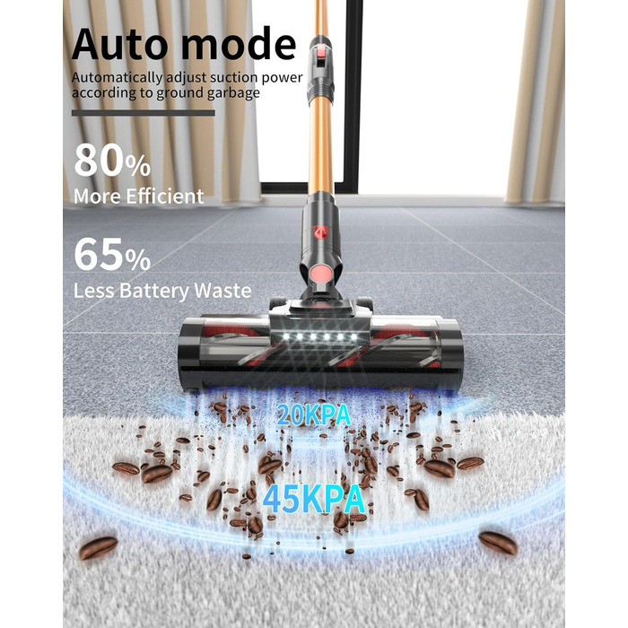PRETTYCARE акумуляторний пилосос 45KPA/560Вт, бездротовий, супертихий з LED-дисплеєм і антизаплутувальною щіткою, 60 хвилин роботи, вертикальний пилосос для шерсті тварин, килимів і твердих підлог V3