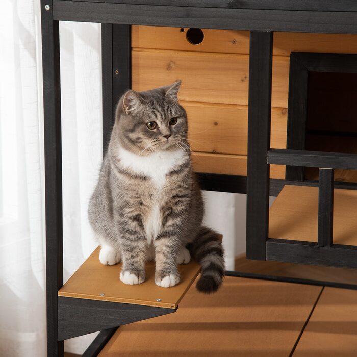 PawHut Будиночок для котів з соснового дерева, котяча хатка на 4 поверхи з драбиною, зимостійке асфальтоване дах, жовтий, 75,5x75x137 см, ідеально підходить для вулиці та тераси