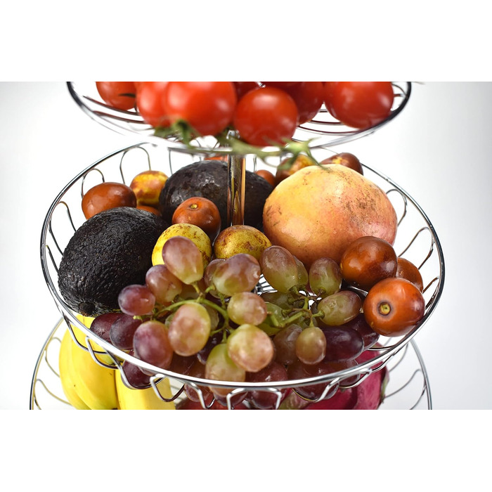 Металевий кошик для фруктів та овочів з ручкою - 3 яруси, великий, з нержавіючої сталі, з циркуляцією повітря (45см, Ø30-24-16.5см), сріблястий