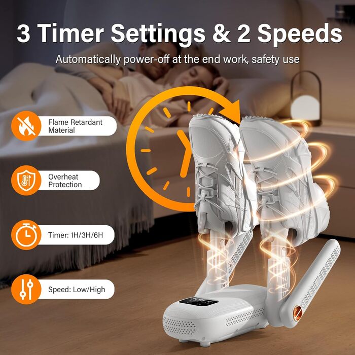 Електричний сушильник для взуття 2 пари, з таймером 1/3/6 год та 2 швидкостями, UV-лампа, складаний дизайн, для взуття, рукавичок, шапок, шкарпеток, лижних черевиків