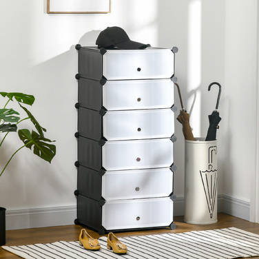 HOMCOM Shoe Rack, Plastic Shelf for 6 Pairs of Shoes, Shoe Box for Entryway, DIY Stackable Shelf, Shoe Storage, Black+White, 49 x 36.5 x 108 cm | Aosom