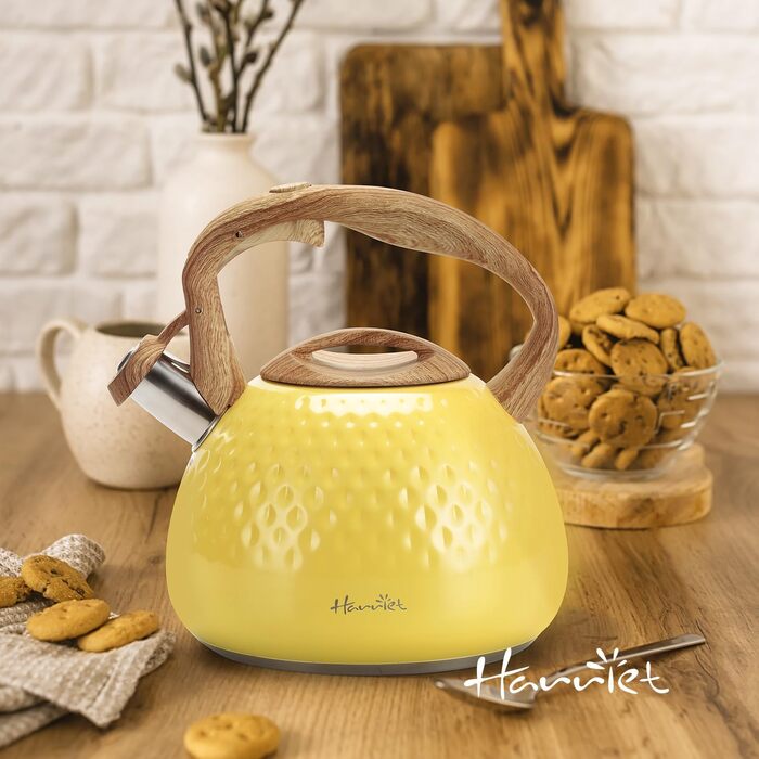 Чайник Harriet Teekessel для плити, 2.5 QT, флейтовий, з 5-шаровим дном, з нержавіючої сталі, з термостійкою ручкою, для газових та електричних плит, червоний глянцевий (жовтий глянцевий)