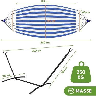 Гамак KRUMAD 260 см, до 250 кг, вуличний, бавовна-поліестер, з дерев'яними розпірками та сумкою (синьо-білий, з каркасом)