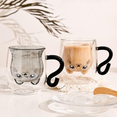 Set of 2 cute cat mugs, cute cat teacup, 250ml double-walled glass, cat mugs with handle, beer mugs, cute birthday gifts for women and men (pack of 2, black+white)