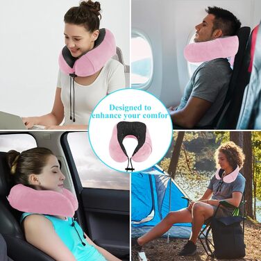 Подушка для шиї у вигляді їжачка Memory Foam для подорожей на літаку/автомобілі. З навушниками, маскою для очей та сумкою. М'яка, дихаюча. Рожева.