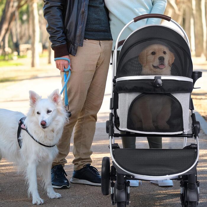 Візок для собак, складаний, до 25 кг, сірий. Алюмінієвий каркас, поворотні колеса, гальма, страхувальний ремінь, м'яке сидіння