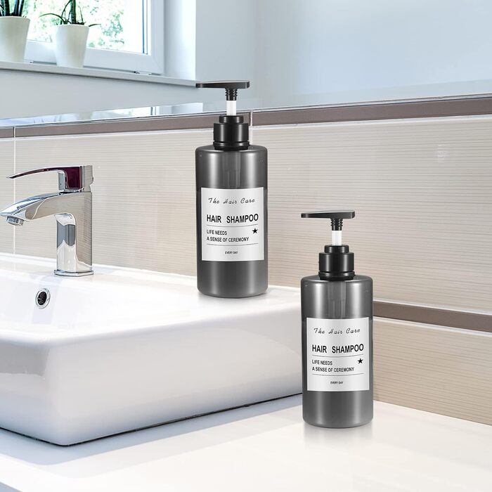 4 шт. Наповнювані порожні флакони для шампуню, 500 мл, флакони-дозатори для мила, пластикові флакони з помпою, дозатори для лосьйонів, рідкого мила, шампуню, кондиціонера, гелю для душу, наклейки (прозорий/чорний, плоский наконечник)