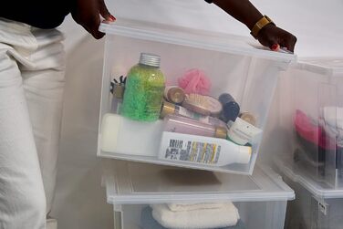 Iris Ohyama 30L Plastic Storage Boxes with Lid, 6 Large Stackable Boxes, BPA-Free, Laundry, Office, USB-M, Transparent - L42 x W35.5 x H26.5 cm