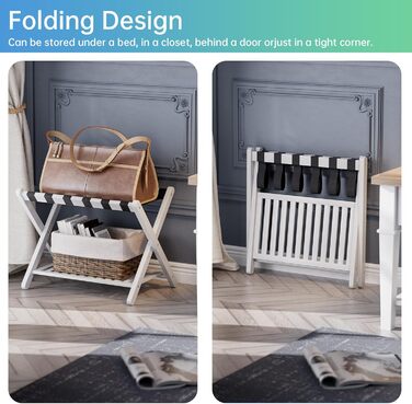 SMIBUY Luggage Rack, Folding Bamboo Suitcase Stand with Storage Shelves for Guest Room, Bedroom, Hotel, Heavy Duty (White)