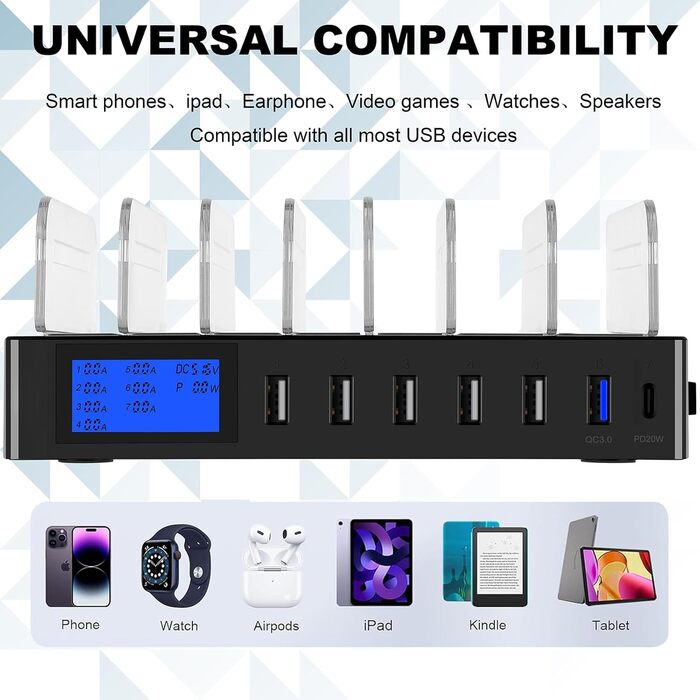 Зарядний пристрій Schnellladestation PD20W QC3.0 7-в-1 з LCD-дисплеєм, Multi-USB, для iPhone, iPad, Samsung, Huawei - Чорний
