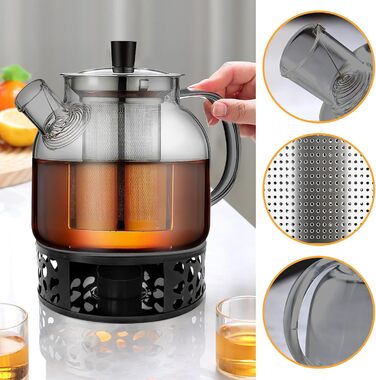 Скляний чайник для заварювання чаю 1500 мл з ситечком та підставкою-підігрівачем із нержавіючої сталі
