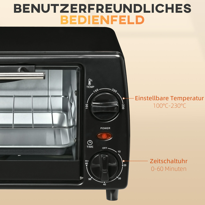 HOMCOM Міні-духовка 10 л, 750 Вт, до 230°C з таймером 60 хв, невелика електродуховка з декою та решіткою 36,5x26x22 см, чорна