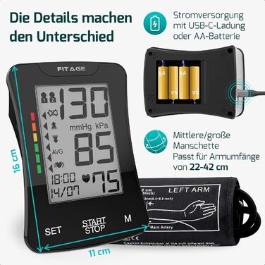 Цифровий тонометр на плече Oberarm з функцією пам'яті, виявлення аритмії та вимірювання пульсу. Підходить для об'ємів плеча 22-42 см. Чорний колір