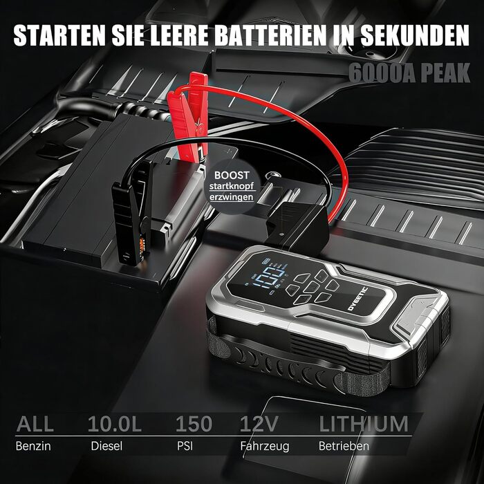 Powerbank Starthilfe 6000A з компресором 150PSI: портативний пусковий пристрій для авто/мото (бензин, 10.0L дизель) з LED ліхтариком QC3.0, срібний