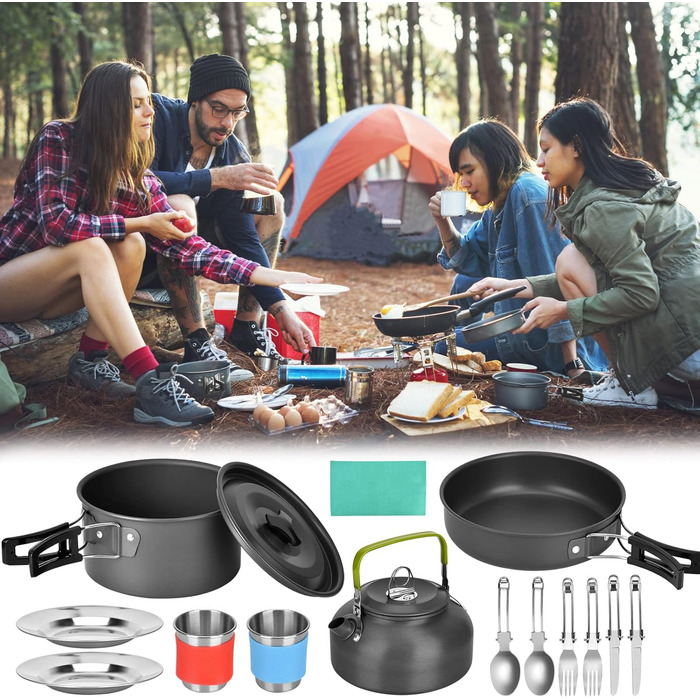 Набір посуду для кемпінгу: туристичний посуд, набір каструль та сковорідок з алюмінію на 2-3 особи для кемпінгу, пікніків та походів