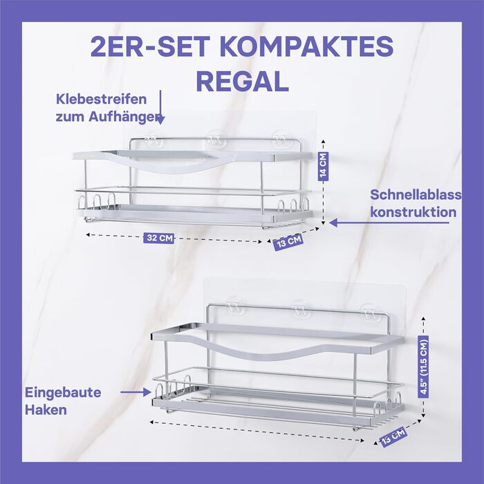 Кінкмакс Поличка для душу без свердління з нержавіючої сталі, самоклеюча, з гачками для ванної кімнати (срібна) – хвиляста, срібна (2 шт.)