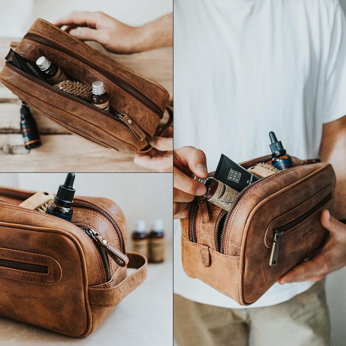 Шкіряна косметичка для подорожей Berliner Bags Premium Kulturbeutel Max, велика сумка для гігієни з 2 відділеннями для жінок та чоловіків (Camel)