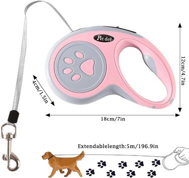 Висувна поводок для собак, 5 м, тренувальний поводок з міцної нейлонової стрічки, стопор з блокуванням та паузою, замок для собак маленьких та середніх порід (Рожевий)