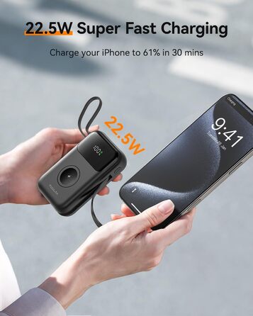 Power Bank Kuulaa для Apple Watch 10000mAh з LCD-дисплеєм та двома кабелями, 22.5W PD, сумісний з iPhone, iPad, Apple Watch 10/9/8/Ultra2/Ultra/SE