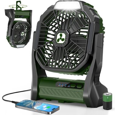 Акумуляторний портативний вентилятор 20000mAh з LED-ліхтарем, бездротовий настільний вентилятор для кемпінгу, подорожей та пляжу, USB-C зарядка, колір зелений