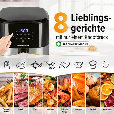 Фритюрниця повітряна GOURMETmaxx XL 6.2 л з цифровим дисплеєм та таймером | 8 програм, 1500 Вт | Без запаху, низький вміст жиру, економія енергії
