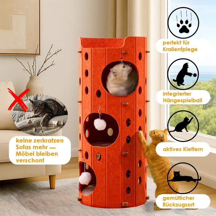 Котяча кігтеточка преміум-класу з 4 ярусами та 3 будиночками, філц, 90 см, зелений (помаранчевий), 35x35x90 см