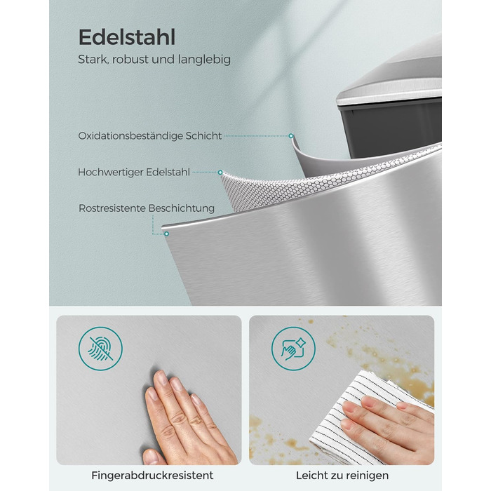 Степле́р SONGMICS для кухні, 48 літрів, вузький, з м'яким закриттям, з відром, з нержавіючої сталі, 15 мішків у комплекті, сріблястий