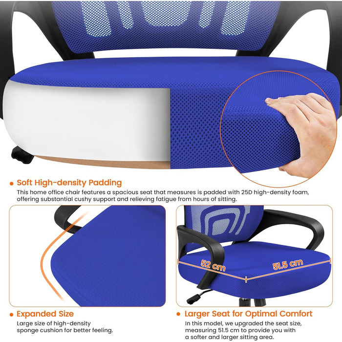 Офісний стіл Yaheetech з ергономічною спинкою з сітки, регульованою висотою та підлокітниками, поворотний крісло для начальника, витримує до 136 кг, блакитний