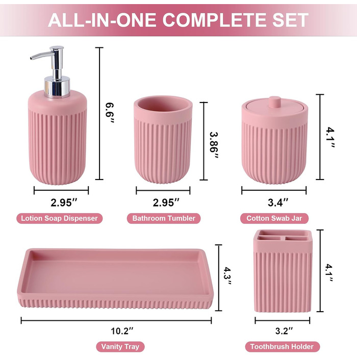 Набір аксесуарів для ванної кімнати XLHOMO, 5 шт. з штучного каміння: дозатор для рідкого мила/лосьйону, тримач для зубних щіток, чашка, контейнер для ватних паличок та органайзер для косметики, рожевий