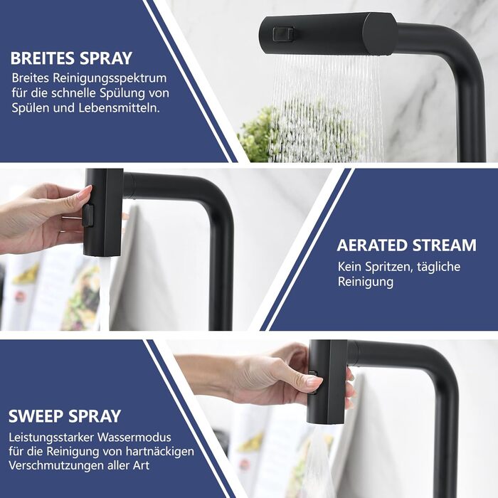 Кухонний змішувач AIMADI висувний, чорний, з 3-сторонньою душовою насадкою, 38 см шланг, однорідний міксер для холодної та гарячої води, для раковини та кухонного острова, водоспад, чорний