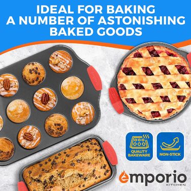 Набір форм для випічки Emporio Kitchen – антипригарне покриття, набір форм для випічки з вуглецевої сталі з силіконовими ручками, без PFOA, PFOS, PTFE, рецептурник в комплекті, деко для випічки (чорний, набір з 8 штук)
