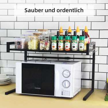 Стійка для мікрохвильової печі, 2-ярусна, чорна. Розширювана, з 6 гачками. Розміри: 36–57 x 36,5 x 80 см