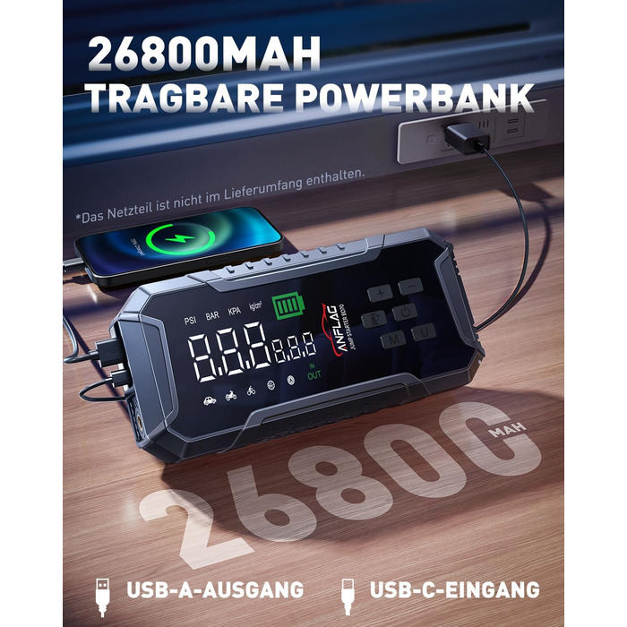 Портативний пусковий пристрій ANFLAG 7000A з компресором та LED-ліхтариком, 26800mAh, для бензинових та дизельних двигунів (до 12.0L)