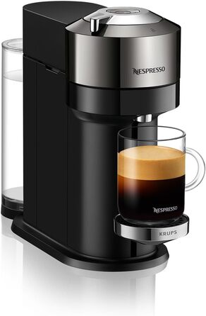 Кавомашина Nespresso Vertuo Next Krups XN910C: 6 розмірів чашок, автоматичне розпізнавання капсул, об'єм резервуару 1.1 л, 54% з переробленого пластику, темне хромоване покриття