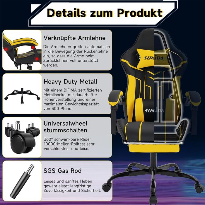 Ігрове крісло SUKIDA Ergonomic Gaming Chair з підніжкою та підтримкою попереку, комп'ютерне офісне крісло (Чорно-жовте)