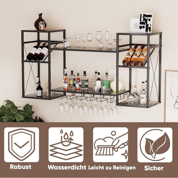 Настінна вітрина для вина UYOYOUS на 2 яруси з металу, 120 см, з 6 тримачами для келихів, барна вітрина для винних пляшок, підвісна вітрина для спиртних напоїв для дому, кухні, їдальні, ресторану, чорна