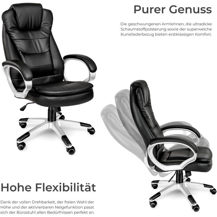 Офісне крісло tectake - ергономічний кухонний стілець з високою спинкою, регульована висота, поворотний, з механізмом гойдання, чорний (400578)