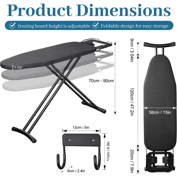 BBTEQEKN Height-Adjustable Deluxe Ironing Board, size 140 x 38 cm, foldable extra-wide ironing board with hook, ironing board made of thick steel suitable for most steam irons (Black)