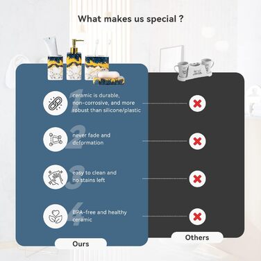 Набір аксесуарів для ванної кімнати (4 шт) – білий набір з дозатором для лосьйону, тримачем для зубних щіток, склянкою та мильницею – блискуча поверхня (мармур, білий)